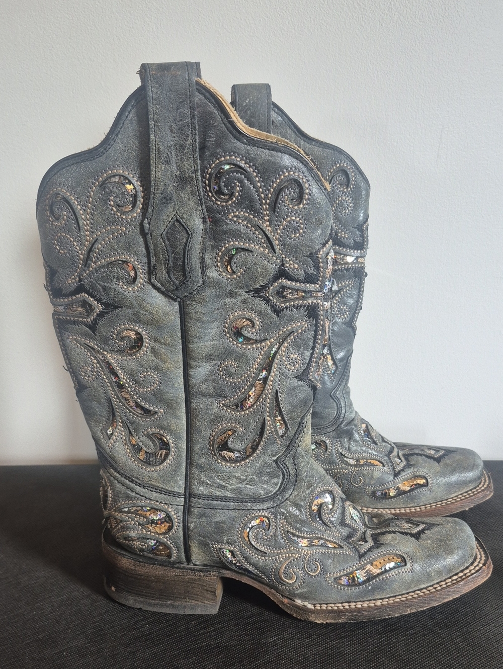 Corral Gray/Blue Cross Embellished Bling Western Heeled Boots 6.5